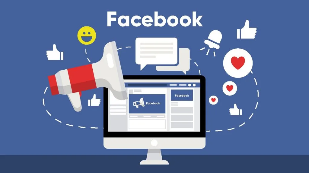 Ілюстрація таргетованої реклами у Facebook з комп’ютером, мегафоном та соціальними іконками лайків, коментарів і сердець.