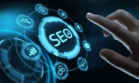 Ілюстрація концепції SEO-просування з цифровими іконками та рукою, яка натискає на віртуальну кнопку SEO.