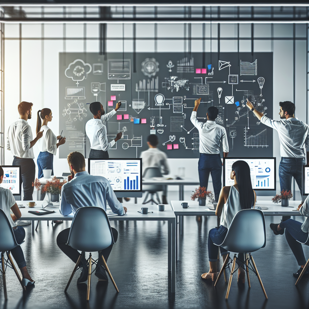 Сучасний офіс з людьми, які працюють над автоматизацією маркетингових задач.